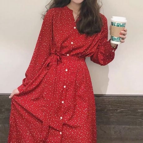 レディース ドット柄 カシュクールワンピース 春 レトロ 長袖 Vネック シャツワンピース 韓国ファッション オルチャン (DCT-584482879562)