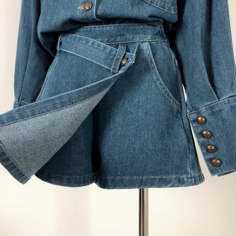セットアップ 上下セット デニムシャツ デニムスカパン アシンメトリー アシメ ショートパンツ ハイウエスト 長袖 ルーズ レトロ 大人可愛い ガーリー カジュアル DTC-742722493272