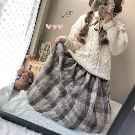 チェック柄 プリーツスカート 韓国ファッション レディース ハイウエスト ロングスカート 厚手 レトロ 秋 冬 大人カジュアル (DTC-602731012315)