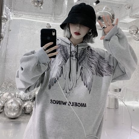 プルオーバー パーカー ユニセックス プラスベルベット 韓国ファッション メンズ レディース 天使 羽 プリント オーバーサイズ ストリート カジュアル DTC-604563611550