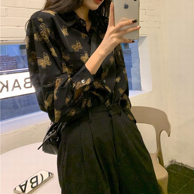 バタフライ柄 シャツ 蝶々 ブラウス 長袖 柄シャツ トップス