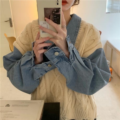 フェイクレイヤード ドッキングトップス デニムシャツ ニットベスト ケーブル編み ルーズ 長袖 韓国ファッション レディース 大人可愛い ガーリー カジュアル DTC-656075758245