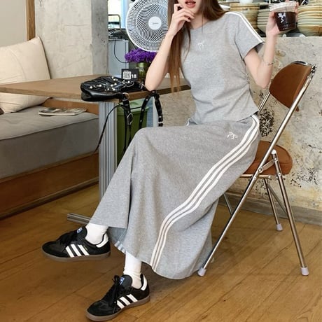 セットアップ 上下セット サイドライン ワンポイントリボン トップス ロングスカート 半袖 スポーツミックス 韓国ファッション レディース 大人可愛い ガーリー DTC-792440908468
