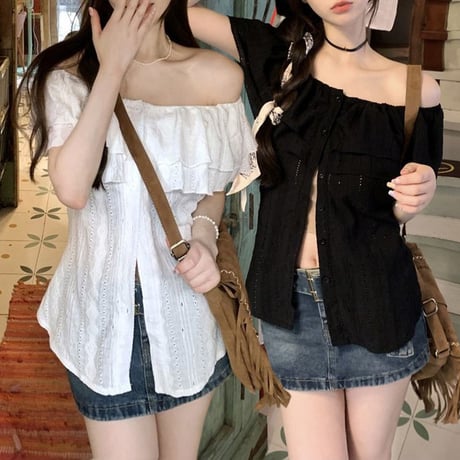 2way フリル ブラウス オフショルダー レース スリムフィット トップス 半袖 レトロ 大人可愛い ガーリー カジュアル DTCA-798480271659