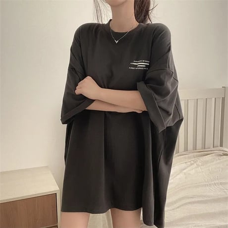 Tシャツ ワンポイント レタープリント 半袖 ドロップショルダー クルーネック シンプル ルーズ レトロ 大人可愛い ガーリー カジュアル ストリート女子 DTCA-833491440518