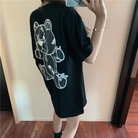 レディース 可愛いクマプリント Tシャツ ラウンドネック ゆったり 半袖 インスタ映え 韓国ファッション ホワイト ピンク (DCT-596629678942)