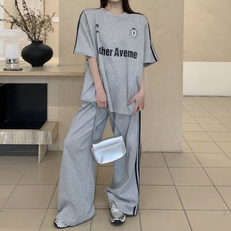 セットアップ サイドライン Tシャツ ワイドパンツ 半袖 ロゴ トップス スポーツミックス 上下セット レトロ 韓国ファッション レディース 大人可愛い ガーリー DTC-786931285601