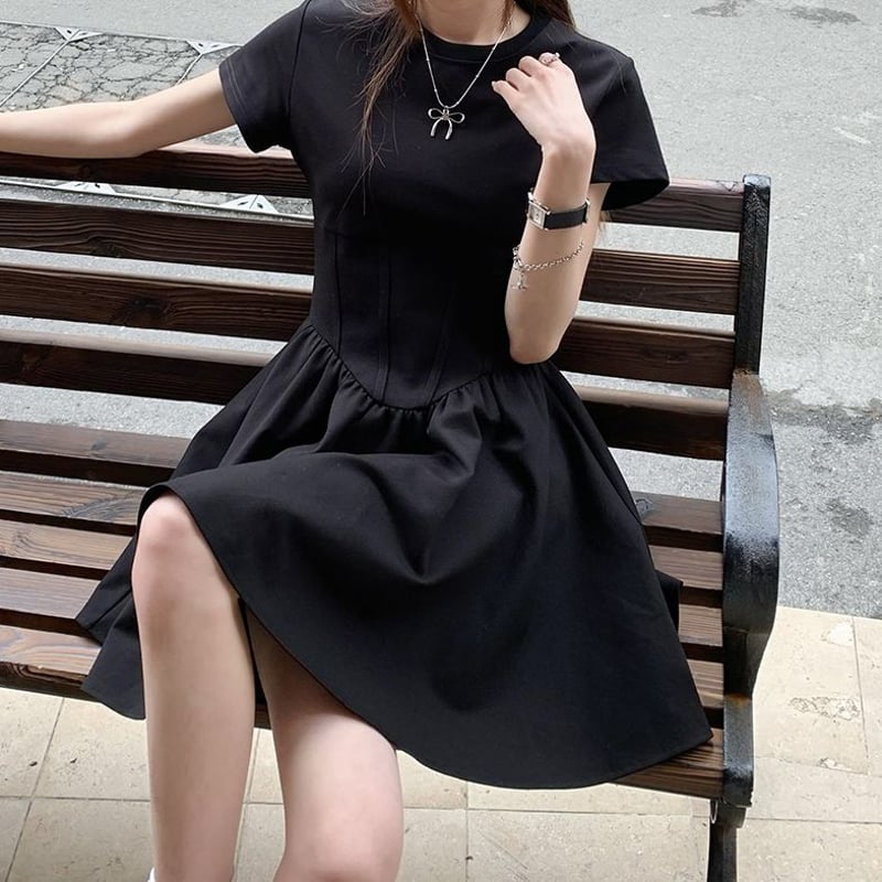 ワンピース プリーツ フリル 切り替え ショート丈 ハイウエスト