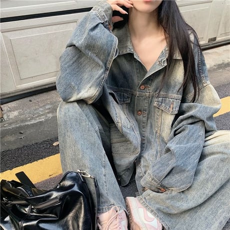 セットアップ デニムジャケット デニムパンツ ウォッシュ加工 オーバーサイズ Gジャン ジーパン デニム レトロ 韓国ファッション レディース 大人可愛い ガーリー DTC-769538222015