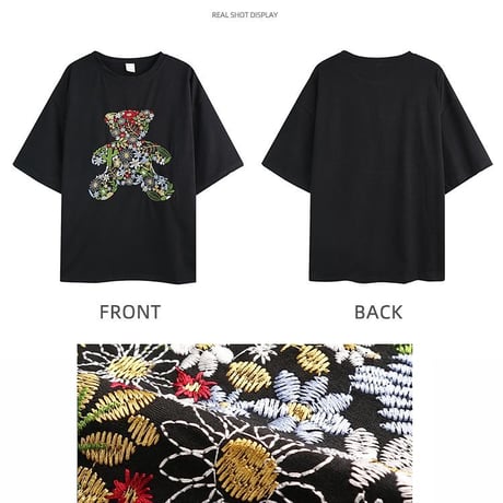 Tシャツ くまちゃん 花 刺繍 半袖 オーバーサイズ 韓国ファッション レディース トップス ベアー 大きめ カジュアル ストリートファッション DTC-643234188804