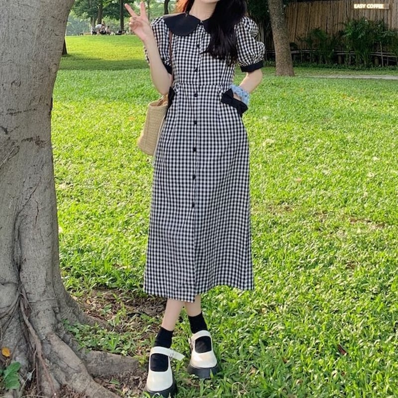 チェック柄 シャツワンピース リボン ロングワンピース 襟付き
