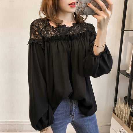 レディース シフォン レースブラウス シフォンレースシャツ チュニック 体型カバー 刺繍 レースアップ ゆったり 韓国ファッション (DCT-567410160244)