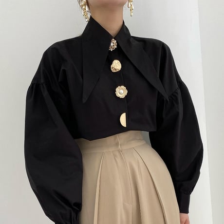 ブラウス ゴールドボタン パールボタン スクエアカラー パフスリーブ ランタンスリーブ シャツ トップス 長袖 レトロ 大人可愛い ガーリー DTCA-657104596207