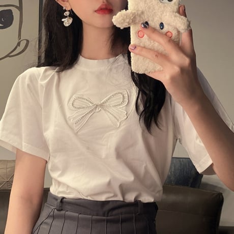 Tシャツ リボン 半袖 ラウンドネック ルーズ ゆったり 韓国ファッション レディース トップス カジュアル ストリートファッション DTC-640249598597