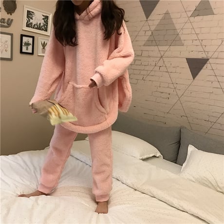 ルームウェア パジャマ セットアップ フリース パーカー + パンツ 耳付き 長袖 上下セット 長袖 韓国ファッション レディース もこもこ ガーリー 628421744075