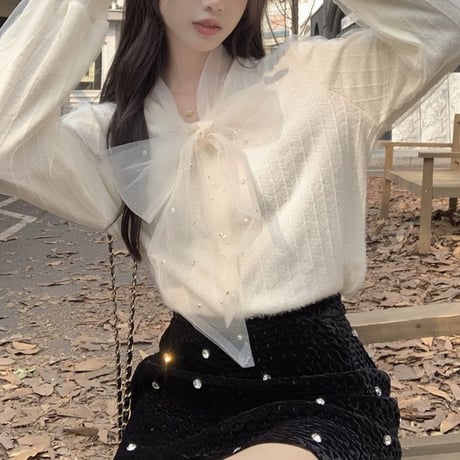 ブラウス リボン チュール ルーズ 長袖 ボウタイリボン シフォン レトロ 韓国ファッション レディース 大人可愛い ガーリー フェミニン DTC-688555494738