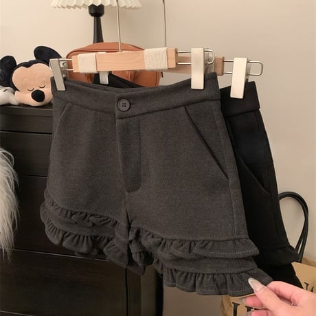 フリル ショートパンツ フェイクウール ハイウエスト スリム Aライン ショートボトム 秋 冬 レトロ 韓国ファッション レディース 大人可愛い ガーリー DTCA-873635337938