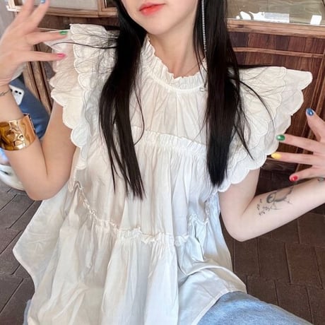 ブラウス フライングスリーブ フリル ルーズ レトロ 韓国ファッション レディース 大人可愛い ガーリー フェミニン DTC-675496939202