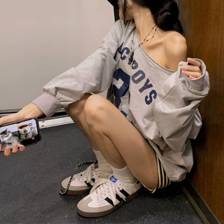 ロンT ワンショルダー ナンバーロゴ トップス オーバーサイズ tシャツ プルオーバー ゆったり 長袖 レトロ 大人可愛い ガーリー カジュアル DTCA-852707267778