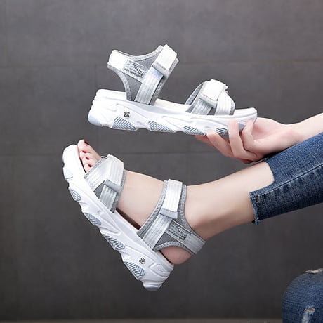 厚底 スポーツサンダル 22.5～25.0cm マジックベルト ロゴ 厚底ソール プラットフォーム 厚底サンダル 美脚 カジュアル シンプル 歩きやすい DTCA-619728538554