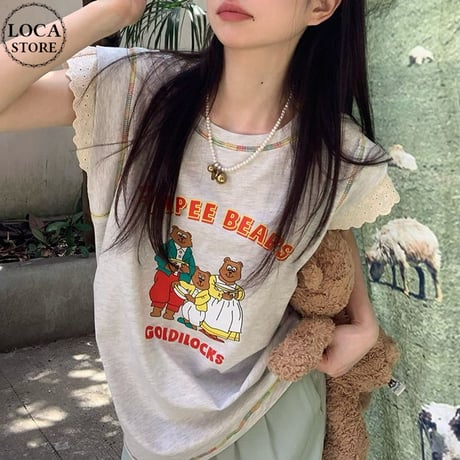 Tシャツ フライングスリーブ レース トップス ノースリーブ オーバーサイズ レトロ 韓国ファッション レディース 大人可愛い ガーリー カジュアル DTC-768900343552