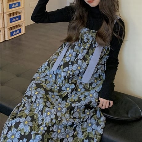 花柄 ジャンパースカート ジャンスカ ハイウエスト ノースリーブ レトロ 韓国ファッション レディース 大人可愛い ガーリー フェミニン カジュアル DTC-666447707837