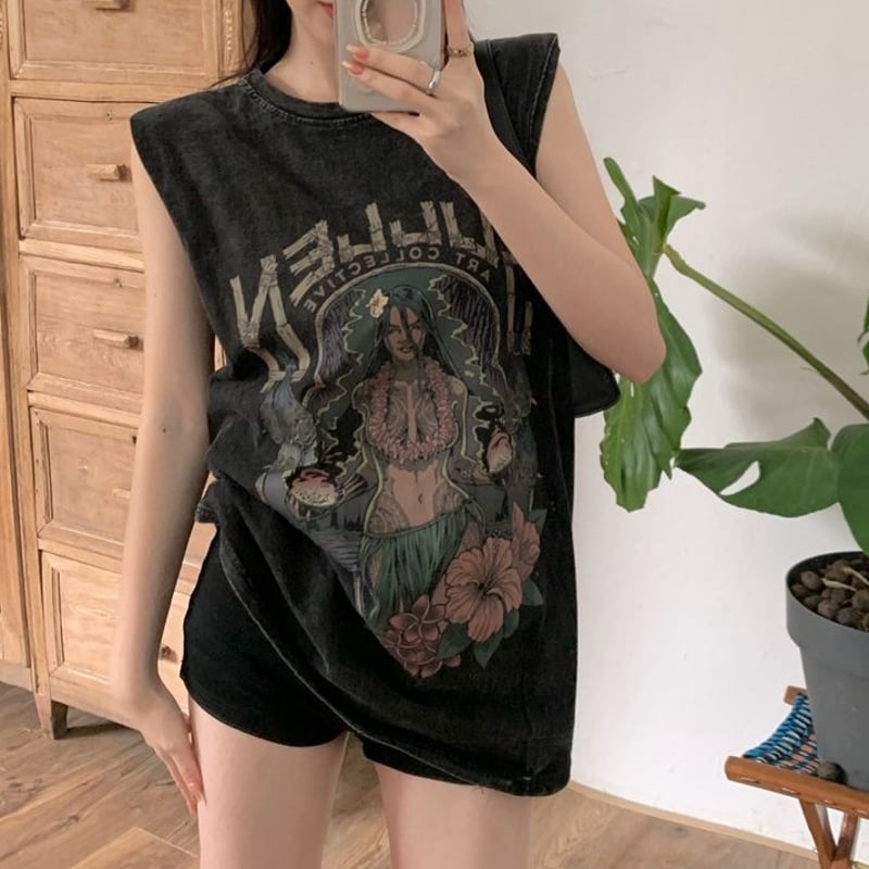 日本未入荷【JHYQ】ヴィンテージウォッシュノースリーブTシャツ ヴィンテージ風 ノースリーブ ウォッシュ加工 タンクトップ t