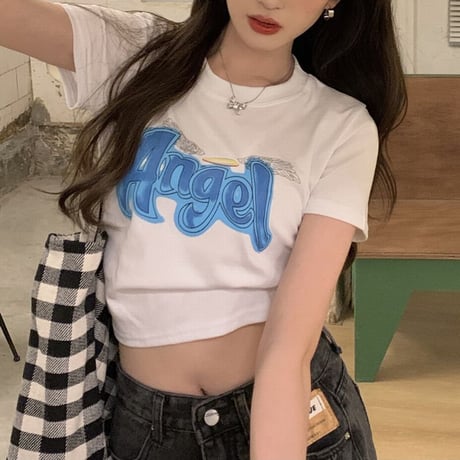 【2カラー】 Tシャツ 半袖 クロップド丈 天使の羽 Angel 大人可愛い ガーリー 韓国ファッション レディース カジュアル 韓国ストリートファッション DTC-666640912310