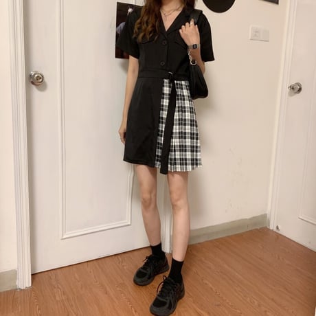 バイカラー 無地 × チェック柄 ワンピース 韓国ファッション レディース シャツワンピース 折り襟 ハイウエスト Aライン プリーツスカート 大人可愛い ガーリー DTC-620161771384