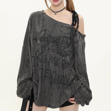 ロンt リボンモチーフ プリント 薄手 ワンショルダー ダメージ加工 tシャツ トップス ゆったり ルーズ 長袖 レトロ 大人可愛い ガーリー カジュアル DTCA-930223444481