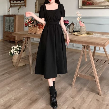 サイドオープン ワンピース スクエアネック パフ袖 薄手 ハイウエスト 半袖 韓国ファッション レディース 大人可愛い ガーリー フェミニン DTC-646335734502