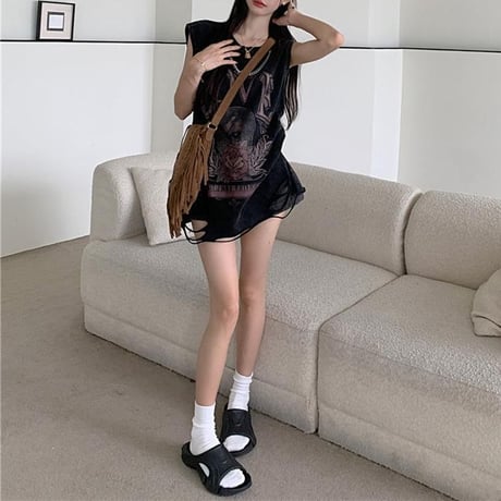 チェーンデザイン タンクトップ ダメージ加工 ウォッシュ加工 ヴィンテージ風 ノースリーブ tシャツ トップス オーバーサイズ レトロ カジュアル ストリート女子 DTCA-795943873261