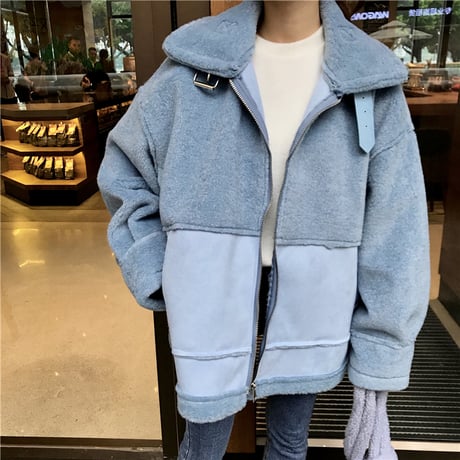 ボアブルゾン ジップアップ 韓国 ファッション レディース ボアジャケット もこもこ ボア ベルト ドロップショルダー オーバーサイズ (DTC-606104703290)