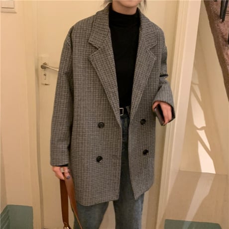 チェック柄 テーラードジャケット 厚手 キルティング ダブルブレスト 韓国ファッション レディース ロングジャケット ルーズ 長袖 大人可愛い ガーリー DTC-628946879075