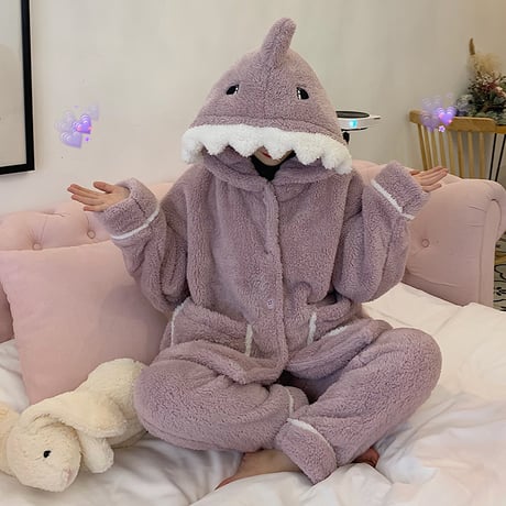 【ルームウェア】 フリース パジャマ セットアップ トップス + パンツ シャーク サメ 長袖 ブルー パープル 上下セット 韓国ファッション レディース ガーリー DTC-628699765024
