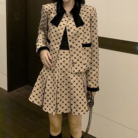 セットアップ チェック柄 ショートジャケット プリーツスカート シングルブレスト 長袖 韓国ファッション レディース 2点セット 大人可愛い ガーリー フェミニン DTC-656353247473