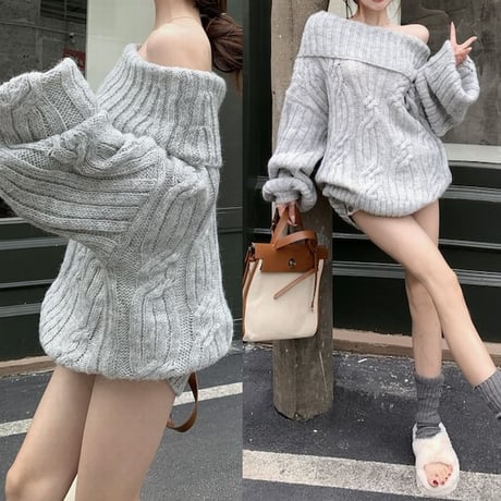 ニット ケーブル編み オフショルダー プルオーバー セーター ルーズ トップス 秋 冬 長袖 レトロ 韓国ファッション レディース 大人可愛い ガーリー DTC-844298101000