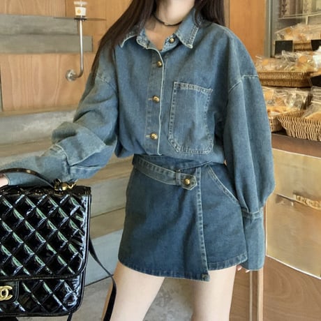 セットアップ 上下セット デニムシャツ デニムスカパン アシンメトリー アシメ ショートパンツ ハイウエスト 長袖 ルーズ レトロ 大人可愛い ガーリー カジュアル DTC-742722493272