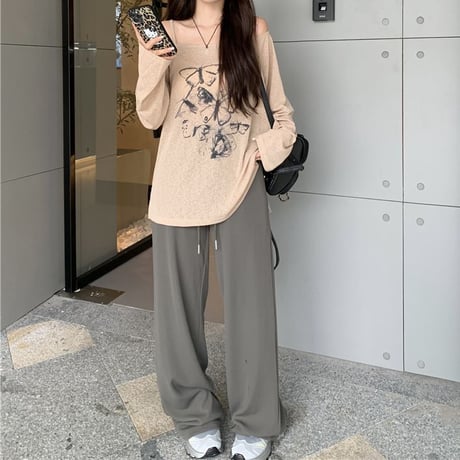 Tシャツ 長袖 薄手 オフショルダー バタフライプリント 肌見せ トップス ルーズ ゆったり カジュアル レトロ 韓国ファッション レディース 大人可愛い ガーリー DTC-737314333337