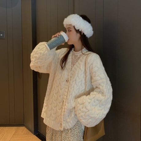 ニット カーディガン ケーブル編み ボリューム袖 保温 韓国ファッション レディース Vネック ランタンスリーブ ルーズ ゆったり 厚い 大人可愛い ガーリー DTC-629008800608