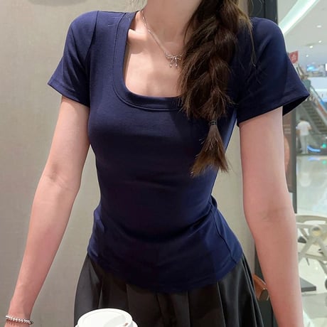 6COLOR Tシャツ 半袖 Uネック スリムフィット ショート丈 トップス レトロ 韓国ファッション レディース 大人可愛い ガーリー DTC-792036557105
