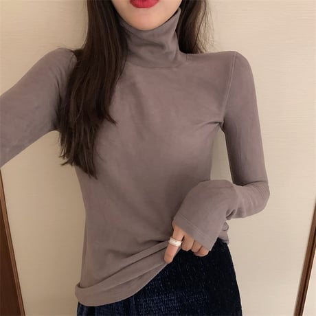 スリムフィット ハイネック カットソー 裏起毛 韓国ファッション レディース タートルネック タイト 長袖 Tシャツ 無地 レトロ (DTC-609008831719)