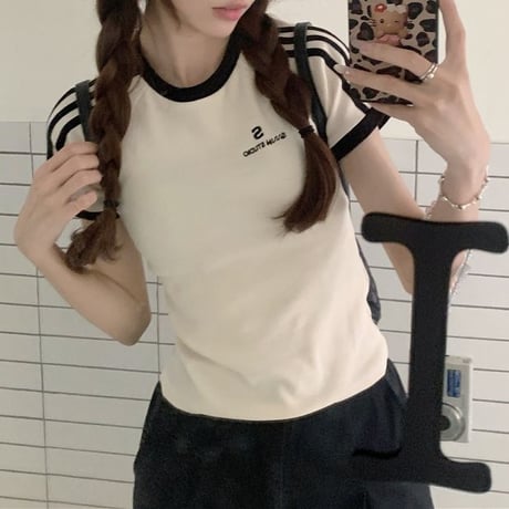 Tシャツ サイドライン スリムフィット トップス 半袖 レトロ 韓国ファッション レディース 大人可愛い ガーリー スポーツミックス カジュアル DTC-800737155571