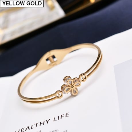 バングル 四葉のクローバー ジルコン 金属アレルギー対応 ブレスレット シンプル チタン K14メッキ アクセサリー イエローゴールド ローズゴールド DTC-569277149296