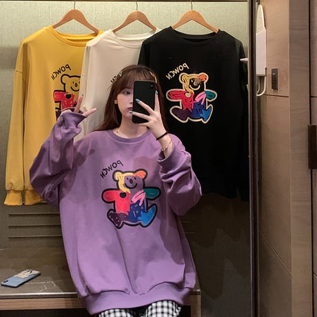トレーナー 落書き風 クマちゃん プリント ルーズ スウェット 韓国ファッション レディース ラウンドネック 長袖 ガーリー (DTC-624906211705)