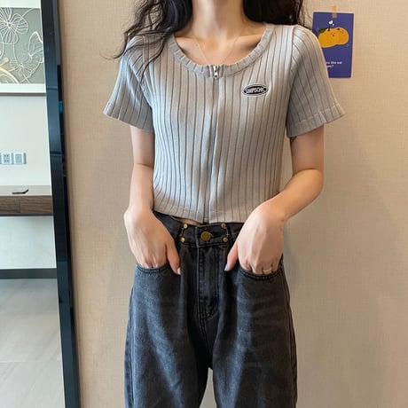 半袖 リブニット クロップド丈 フロントジップ カットソー 韓国ファッション レディース トップス ショート丈 ジップアップ 大人可愛い ガーリー カジュアル DTC-639071170780