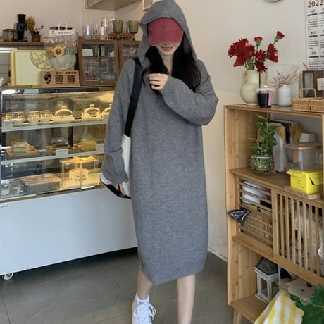 フード付き ニットワンピース ロングワンピース ルーズ ゆったり ルーズウエスト 長袖 レトロ 韓国ファッション レディース 大人可愛い ガーリー DTC-682629628231