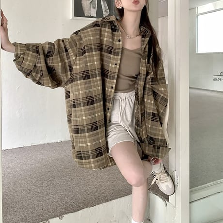 オーバーサイズ チェックシャツ トップス チェック柄 シャツ ビッグシルエット ゆったり 長袖 カジュアル レトロ 韓国ファッション レディース 大人可愛い ガーリー DTC-736521322654