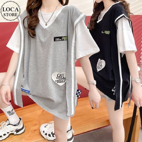 フェイクレイヤード Tシャツ ベスト ドッキングトップス 薄手 オーバーサイズ プルオーバー 半袖 レトロ 韓国ファッション レディース 大人可愛い ガーリー DTC-674778788204