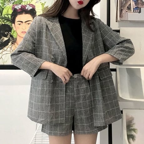 レディース ジャケット ショートパンツ チェック柄 セットアップ 大人 ガジュアル ハイウエスト ガーリー 韓国ファッション (DCT-588392928821)